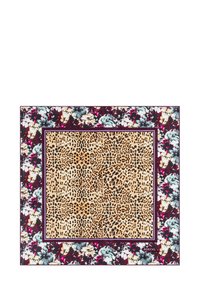 Leopardmuster-Schal mit floralem Rand. Der zentrale beige Bereich zeigt schwarze Flecken, umgeben von dunkellila und pastellfarbenen Blumendesigns. Weicher Stoff.