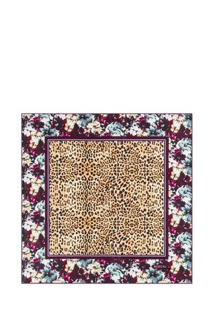 Leopardmuster-Schal mit floralem Rand. Der zentrale beige Bereich zeigt schwarze Flecken, umgeben von dunkellila und pastellfarbenen Blumendesigns. Weicher Stoff.