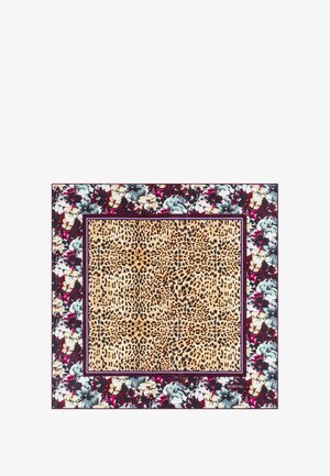 Leopard print scarf with a floral border. Central tan area features black spots, surrounded by dark purple and pastel floral designs. Soft fabric.
