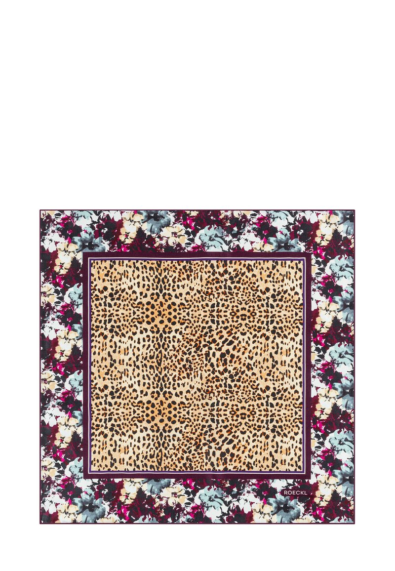 Leopardmuster-Schal mit floralem Rand. Der zentrale beige Bereich zeigt schwarze Flecken, umgeben von dunkellila und pastellfarbenen Blumendesigns. Weicher Stoff.