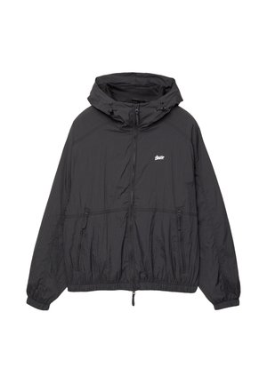 Black lightweight jacket featuring a hood, zippered front, two side pockets, elastic cuffs, and a subtly textured fabric.