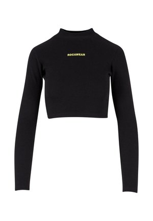 Must värviline soonikuga pikka varrukat crop-top, millel on kõrge kaelus ja ees Roca Wear logo erekollane. Sile tekstuur ja sobiv disain.