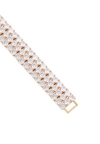 Bracciale in oro rosa con una fila di cristalli rotondi e trasparenti, dotato di una semplice chiusura rettangolare. Superficie liscia e lucida.