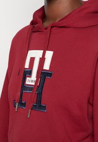 Sudadera con capucha en color burdeos, con un gran logo bordado en blanco y azul marino. Presenta cordones con puntas metálicas y un tejido suave y texturizado.