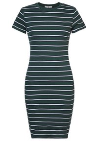 Pruhované šaty s přiléhavým střihem, krátkými rukávy a žebrovanou strukturou, v tmavě zelené barvě s bílými a námořnickými pruhy. Kulatý výstřih.