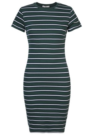 Randig klänning med en figurnära design, korta ärmar, ribbat material, i mörkgrön med vita och marina ränder. Rund halsringning.