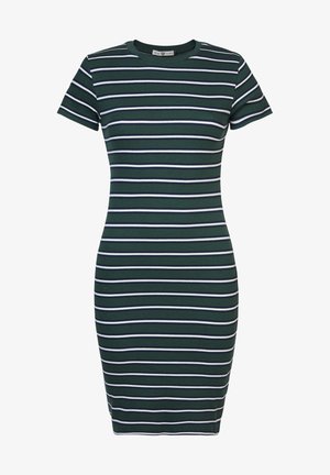 Raidallinen mekko, jossa on vartalonmyötäinen malli, lyhyet hihat, ribbien rakenne, tummanvihreä väri, jossa on valkoisia ja laivastonsinisiä raitoja. Pyöreä pääntie.