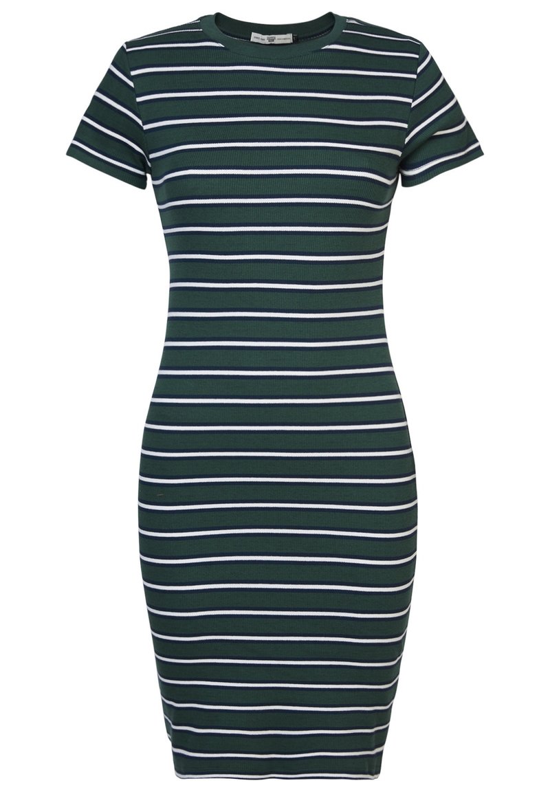 Pruhované šaty s přiléhavým střihem, krátkými rukávy a žebrovanou strukturou, v tmavě zelené barvě s bílými a námořnickými pruhy. Kulatý výstřih.