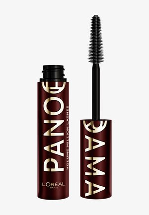 L'Oréal Paris Volume Million Lashes PANDA Mascara with open dark red tube and black bristle brush wand.