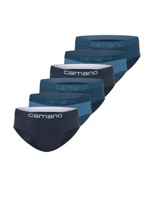 Herren Slip-Unterwäsche Set in verschiedenen Blautönen, mit elastischen Taillengummis mit Logo und einer glatten, baumwollähnlichen Textur.