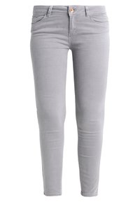 Grijze denim skinny jeans met een gladde textuur, vijf zakken ontwerp, sluiting met knop aan de voorkant en subtiele stiksels.