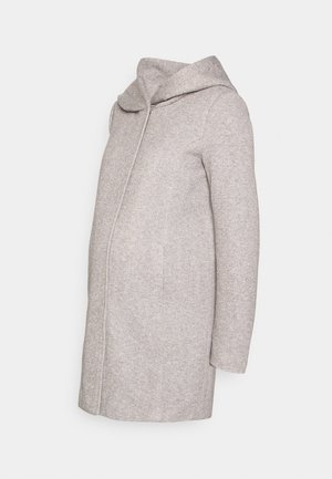 Jasnoszary płaszcz damski z mieszanki wełny, z długimi rękawami, szerokim wysokim kołnierzem oraz zakrytym zapięciem z przodu.