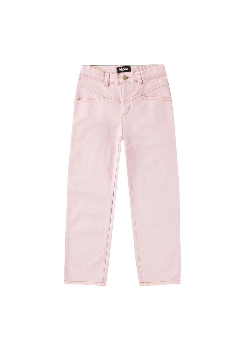 Jeans in denim rosa chiaro con vestibilità a gamba dritta, dotati di tasche frontali, chiusura con bottone e dettagli di cucitura a contrasto.