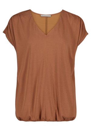 Brązowa bluzka z krótkim rękawem, dekoltem w serek i elastycznym ściągaczem, wykonana z gładkiej tkaniny, w rozmiarze medium marki Betty & Co.