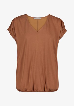 Bruine blouse met korte mouwen, V-hals en elastische zoom, gemaakt van gladde stof, maat medium van Betty & Co.