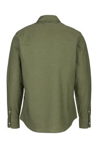 Olijfgroen overhemd met lange mouwen, zachte stof, knoopsluiting bij de kraag, afgeronde zoom en knoopmanchetten. Heeft een eenvoudige uitstraling zonder patronen.