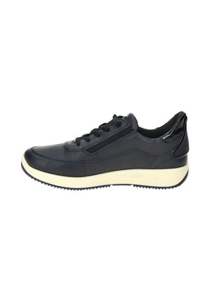 Black leather sneaker with a sleek design, featuring a textured surface, contrasting white sole, and elastic side panel for easy wear.