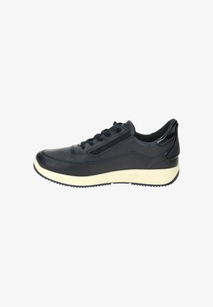 Black leather sneaker with a sleek design, featuring a textured surface, contrasting white sole, and elastic side panel for easy wear.