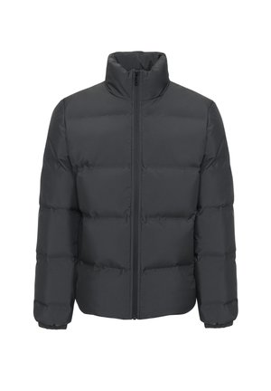 Padded černá bunda s vysokým límcem, předním zipem, elastickými manžetami a prošívanou texturou. Teplý, syntetický materiál pro izolaci.