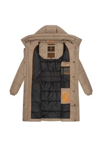 Beige puffermantel med huva, med svart foder, orange detaljer, flera inre fickor och ett vadderat mönster för isolering.