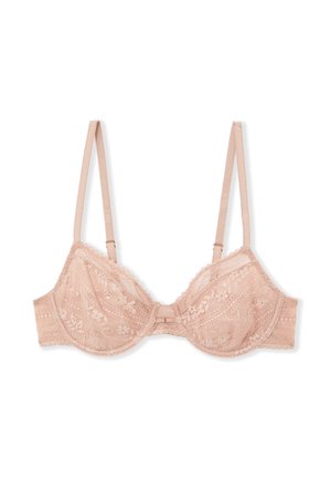 Reggiseno in pizzo di un rosa delicato, con supporto a ferretto, spalline regolabili, motivo floreale e dettaglio di un fiocco al centro.