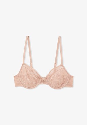 Soutien-gorge en dentelle rose tendre, doté de bonnets avec armatures, bretelles ajustables, motif floral et un petit nœud au centre.