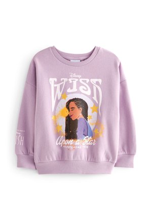 Lila Sweatshirt mit einem grafischen Motiv eines Mädchens mit geflochtenem Haar, Sternen und dem Text "WISH". Ribbed Bündchen und Saum, sanfte Stoffstruktur.