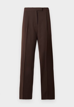 Σκούρες καφέ κομμένα παν trousers με ίσιο πόδι, ζώνη και κρυφή στερέωση στην μπροστινή πλευρά σε λευκό φόντο.