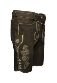 Braune Lederhosen mit detaillierter Stickerei, mehreren Taschen, einem Gürtel und dekorativen Knöpfen an der Seite. Strukturierte Wildleder-Oberfläche.