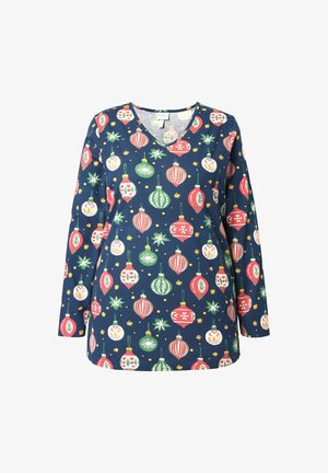 Marineblaues Langarm-T-Shirt mit V-Ausschnitt, das mit einem festlichen Druck von bunten Ornamenten und Sternen in Rot, Grün und Weiß gestaltet ist.