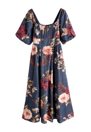 Granatowa sukienka midi z dużymi różowymi, czerwonymi i beżowymi kwiatowymi wzorami, bufkami na krótkich rękawach, kwadratowym dekoltem i plisowanym stanikiem.