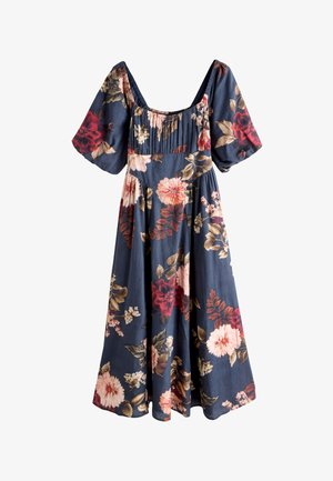 Tengerészkék midi ruha nagy rózsaszín, piros és bézs virágmintákkal, peplumszerű rövid ujjak, négyzet alakú nyakkivágás és pliszírozott felsőrész.