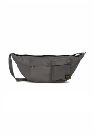 Dark gray crossbody bag with multiple zippered pockets and adjustable strap, designed for casual or travel use.