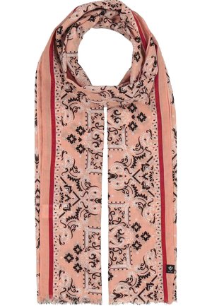 Svijetloružičasti šal s crno-bijelim cvjetnim i geometrijskim uzorcima, obrubljen tankim crvenim i breskvastim prugama, s malom crnom oznakom marke.