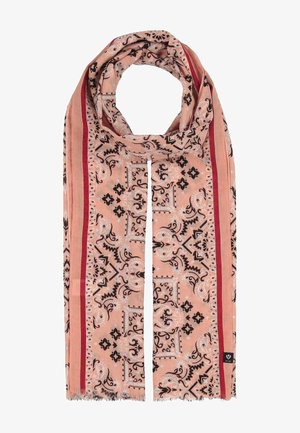 Écharpe rose clair avec des motifs floraux et géométriques noirs et blancs, bordée de fines rayures rouges et pêches, avec une petite étiquette de marque noire.