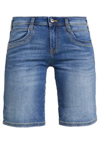 Light blue denim shorts with a fitted design, five pockets, and contrasting stitching. The fabric has a smooth texture and slight fade.