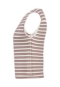 Sleeveless top made of ribbed fabric, featuring horizontal burgundy and cream stripes, rounded neckline, and fitted design.