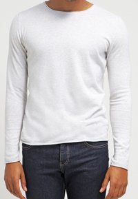 Långärmad ljusgrå bomullst-shirt med rund halsringning och figurnära passform, kombinerad med mörka jeans. Mjuk textur, minimalistisk design.