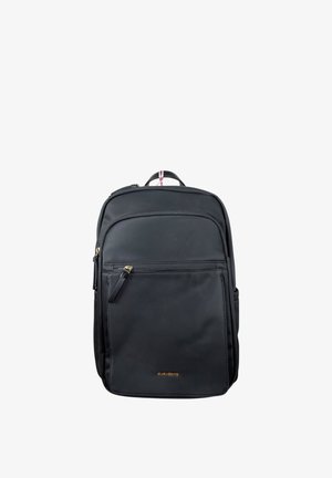Zaino rettangolare nero con tasca frontale con zip, manico superiore con striscia rosa e tiretti dorati sulle cerniere, su sfondo bianco.