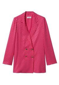 Różowa marynarka podwójnie zapięta z długimi rękawami i subtelnym wzorem w kropki, z czterema metalowymi guzikami z przodu.