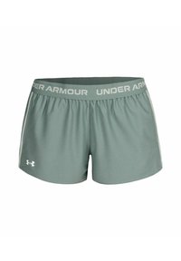 Šviesiai žali sportiniai šortai su elastingu liemeniu, ant kurio užrašyta "UNDER ARMOUR" balta spalva. Šoninės juostelės ir logotipas baltais akcentais. Lygus audinys.