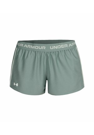 Svetlozelené športové šortky s elastickým pásom, na ktorom je biele písmo "UNDER ARMOUR". Bočné pruhy a logo sú v bielych akcentoch. Hladká tkanina.