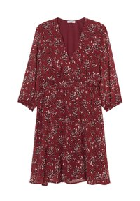 Robe florale bordeaux avec un décolleté en V profond, des manches trois-quarts et une taille élastique. Fabriquée dans un tissu léger et légèrement texturé.