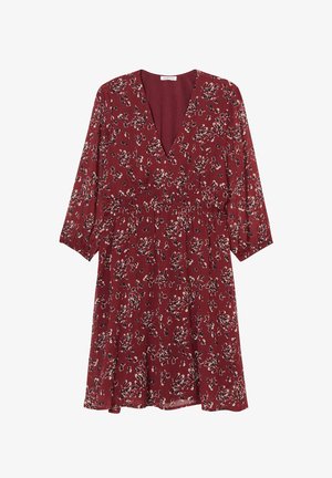 Bordeauxfarbenes Blumenkleid mit tiefem V-Ausschnitt, Dreiviertelärmeln und elastischem Taillenbund. Aus leichtem, leicht strukturiertem Stoff gefertigt.