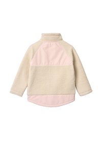 Giacca in pile color crema con pannelli in tessuto rosa sulla parte superiore della schiena e sull'orlo inferiore, maniche lunghe e collo alto, vista da dietro.
