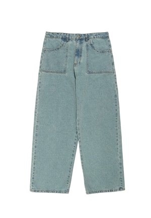 Helle blaue, hochtaillierte Jeans mit weitem Beinschnitt, ausgestattet mit Vorder- und Gesäßtaschen sowie einem klassischen Fünf-Taschen-Design.
