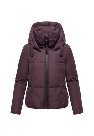 Burgundi värvi puffjakker kõrge kraega ja kinnitatud kapuutsiga, ees oleva tõmbluku ja efektsete mustade detailidega. Loodud ruudulise tekstuuriga.