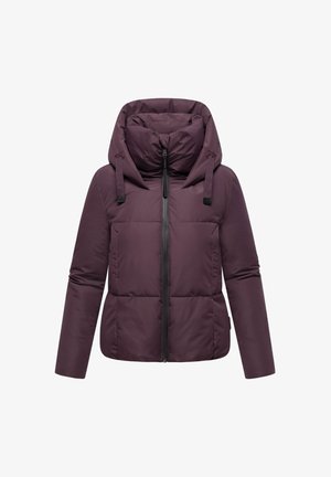 Bordeauxfarbene Daunenjacke mit hohem Kragen und abnehmbarer Kapuze, ausgestattet mit einem Frontreißverschluss und eleganten schwarzen Akzenten. Durchgehend gestepptes Design.