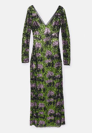 Μακρύ μανίκι φόρεμα με V-λαιμόκοψη, κατασκευασμένο από πράσινες παγιέτες με μοτίβο μωβ λουλουδιών. Απαλή υφή, εφαρμοστή σχεδίαση, μήκος μέχρι τον αστράγαλο.