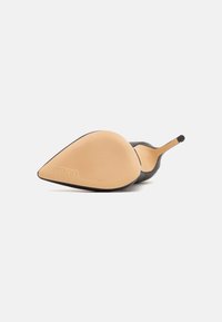 Black high-heeled shoe with a pointed toe and a textured beige sole. Features a sleek design, smooth finish, and minimal hardware.